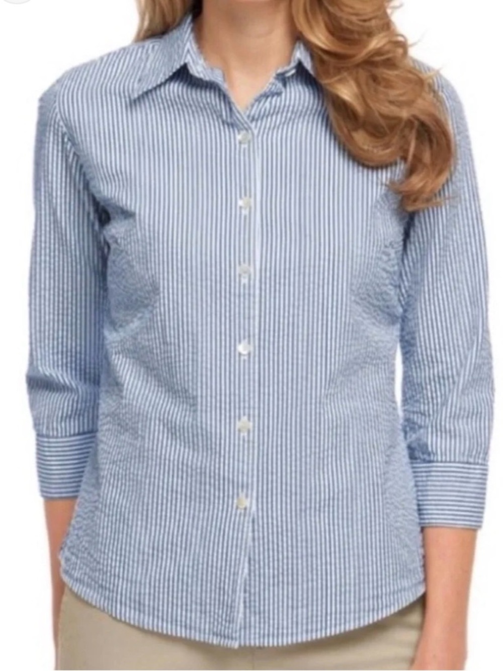 L.L. Bean Women’s seersucker Button-Down Shirt - 3/4 sleeve